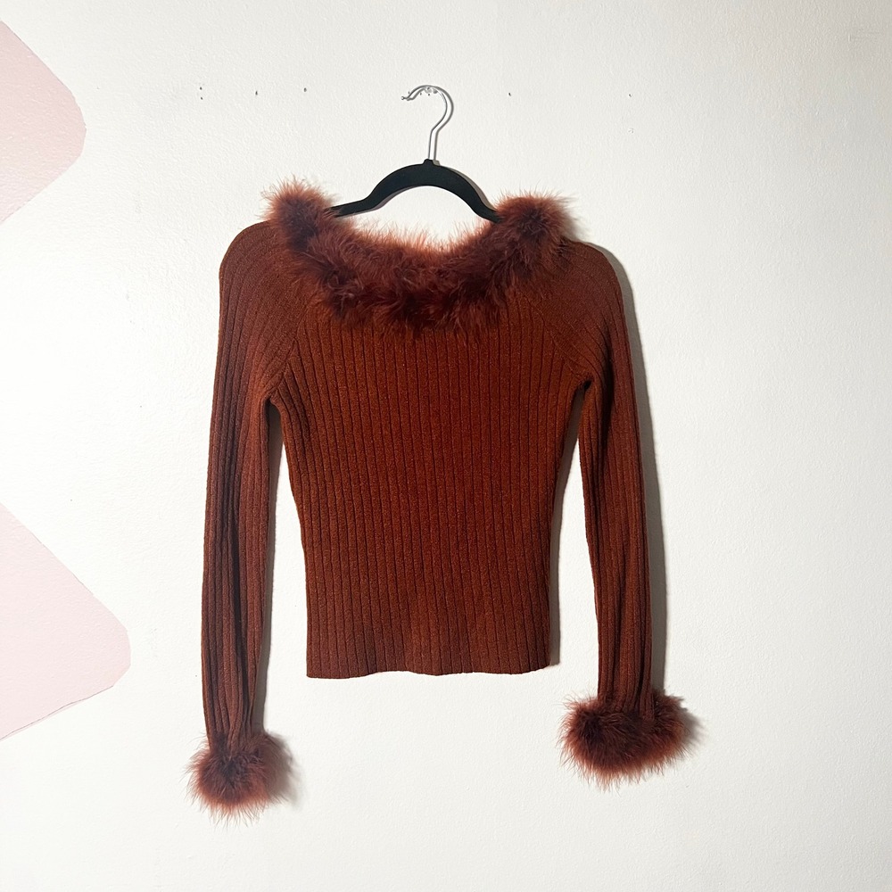 Vtg y2k 2000s Fur Trim Top Medium Brown Ribbed Retro Vintage